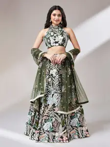 VAANI CREATION Olive Green Embroidered Sequinned Semi-Stitched Lehenga & Unstitched Blouse With Dupatta