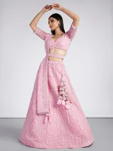 VAANI CREATION Pink Embroidered Sequinned Semi-Stitched Lehenga & Unstitched Blouse With Dupatta
