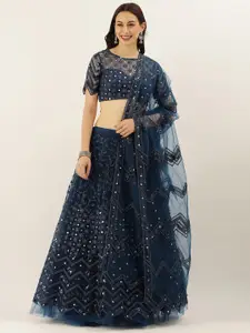 VAANI CREATION Navy Blue Embroidered Mirror Work Semi-Stitched Lehenga & Unstitched Blouse With Dupatta