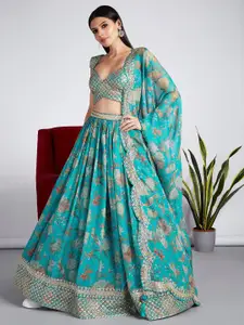VAANI CREATION Sea Green Embroidered Sequinned Semi-Stitched Lehenga & Unstitched Blouse With Dupatta