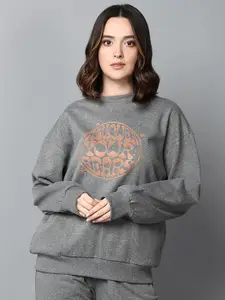The Roadster Lifestyle Co. Grey & Orange Graphic Printed Fleece Sweatshirts