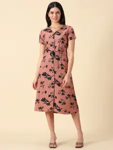 PURPLE FLAUNT Floral Printed Belt Detailed V-Neck A-Line Midi Dress