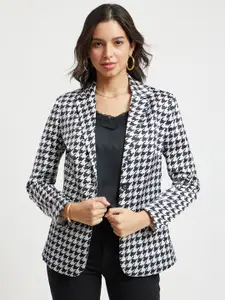 FableStreet Checked Single-Breasted Notched Lapel Satin Blazer