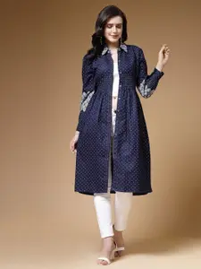 Indibelle Polka Dots Printed Long Sleeves Cotton Longline Denim Shrug