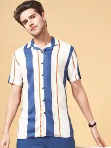 Urban Ranger by pantaloons Slim Fit Vertical Stripes Cuban Collar Cotton Casual Shirt