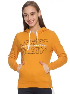 Campus Sutra Women Mustard Printed Hooded Sweatshirt