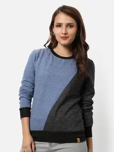 Campus Sutra Blue & Black Colourblocked Cotton Pullover Sweatshirt