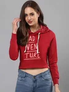 Campus Sutra Typography Printed Hooded Cropped Cotton Pullover