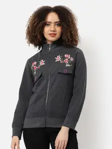 Campus Sutra Grey Floral Embroidered Front-Open Sweatshirt