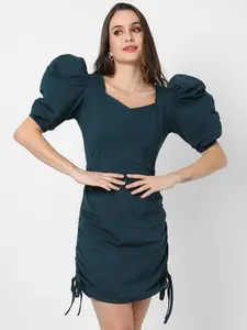 Campus Sutra Navy Blue Ruched Puff Sleeve Mini Sheath Dress