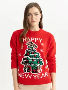 DeFacto Typography Printed Round Neck Acrylic Pullover Sweater