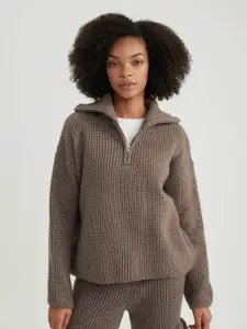 DeFacto Cable Knit Self Design Half Zipper Pullover Sweater