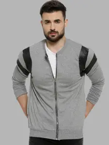 Campus Sutra Men Grey Striped Windcheater Longline Outdoor Quilted Jacket with Patchwork