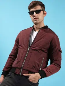 Campus Sutra Men Maroon Colourblocked Windcheater Crop Outdoor Bomber with Embroidered Jacket