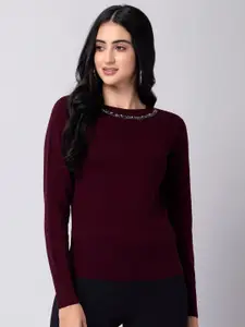 FabAlley Maroon Ribbed Embellished Pullover Sweater