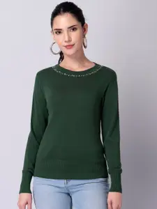 FabAlley Green Embellished Long Sleeves Pullover