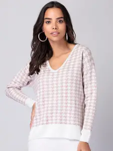 FabAlley Pink Geometric Printed Acrylic Pullover Sweater