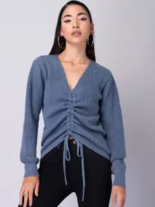FabAlley Blue Self Design Long Sleeves Ruched Acrylic Pullover
