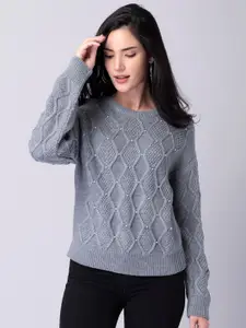 FabAlley Grey Cable Knit Embellished Long Sleeves Acrylic Pullover