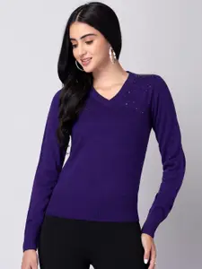 FabAlley Purple Ribbed Embellished Acrylic Pullover Sweater