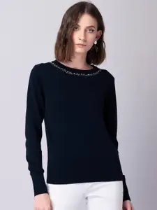 FabAlley Navy Blue Embellished Long Sleeves Pullover