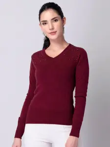 FabAlley Maroon Ribbed Embellished Acrylic Pullover Sweater