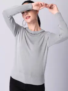 FabAlley Grey Embellished Long Sleeves Pullover