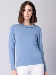 FabAlley Blue Ribbed Embellished Pullover Sweater