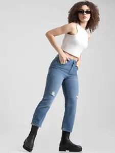 ONLY Women Flared High-Rise Low Distress Heavy Fade Cropped Stretchable Jeans