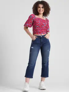 ONLY Women Flared High-Rise Low Distress Cropped Light Fade Stretchable Jeans
