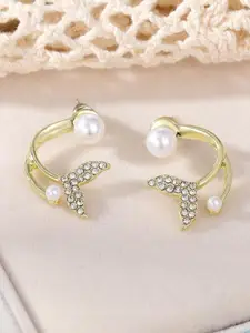 FIMBUL Gold-Plated Pearl-Studded Fish Tail Stud Earrings - 159