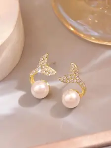 VAGHBHATT Gold-Plated Pearl-Studded Fish Tail Studs Earrings