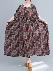 JC Mode Floral Printed Extended Sleeves Gathered A-Line Midi Dress