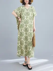 JC Mode Ethnic Motifs Printed V-Neck Kimono Sleeves A-Line Midi Dress