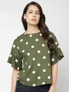 Vero Moda Green Polka Dot Print Flared Sleeve Ruffles Blouson Top