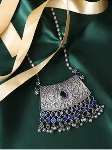 Ozanoo Brass Silver-Plated Stone Studded And Beaded Oxidised Necklace