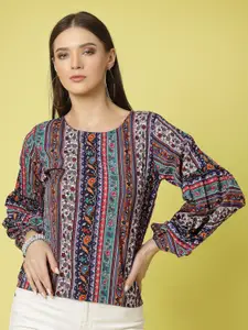 Oomph! Ethnic Motifs Printed Puff Sleeve Crepe Top