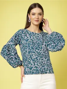 Oomph! Floral Printed Round Neck Puff Sleeves Regular Top