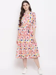 DressBerry Pink Floral Printed Crepe Fit & Flare Midi Dress