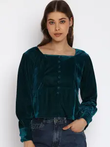 DressBerry Teal Square Neck Cuffed Sleeves Velvet Top
