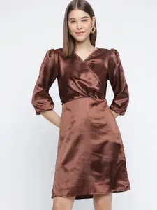 DressBerry Coffee Brown V-Neck Puff Sleeves Satin A-Line Dress
