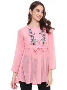 DressBerry Pink Floral Embroidered Longline A-Line Top