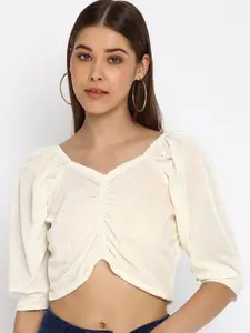DressBerry Off White V-Neck Ruched Puff Sleeves Crop Velvet Top