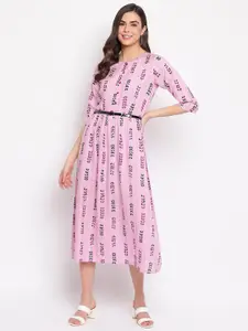 DressBerry Pink Ethnic Motifs Printed Cotton A-line Dress With Belt