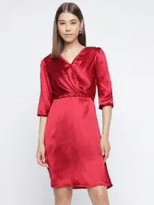 DressBerry Maroon V-Neck Puff Sleeves Satin A-Line Dress