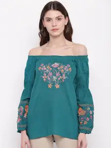 DressBerry Turquoise Blue Floral Embroidered Cotton Bardot Top