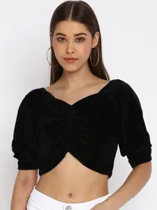 DressBerry Black V Neck Puff Sleeves Fitted Crop Top