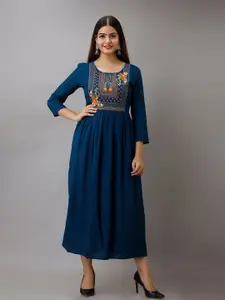 SHOOLIN Floral Embroidered Fit & Flare Ethnic Dress