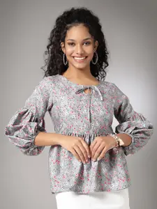 Oomph! Floral Printed Tie Up Neck Crepe Pleated A-Line Top