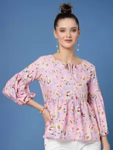 Oomph! Floral Printed Bell Sleeves Crepe A-Line Top